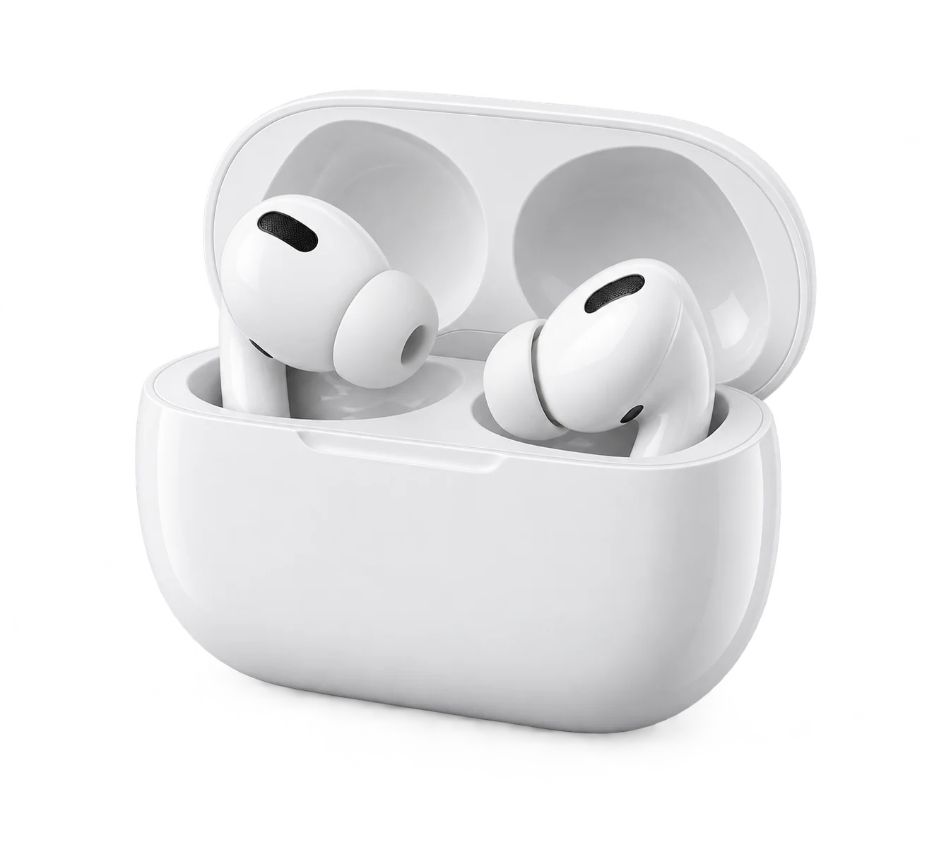 Earbuds putih dengan charging case